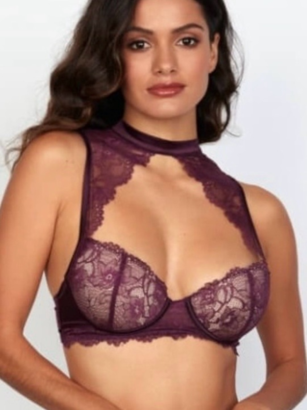 Juliette High-Neck Satin And Lace Underwire Bralette in Deep Plum Purple